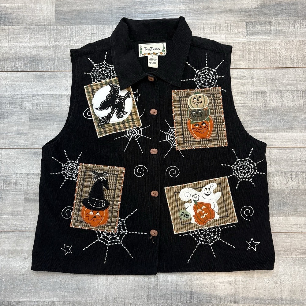 Vtg Ladies Tantrums Halloween Black Corduroy Vest Ghosts Pumpkins Witch Size L
